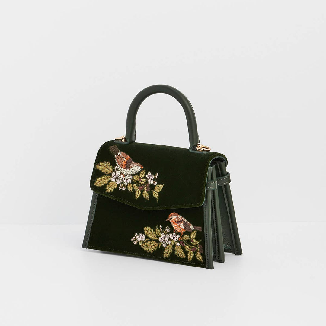 Eliza Wren Embroidered Top Handle Bag in Green Velvet