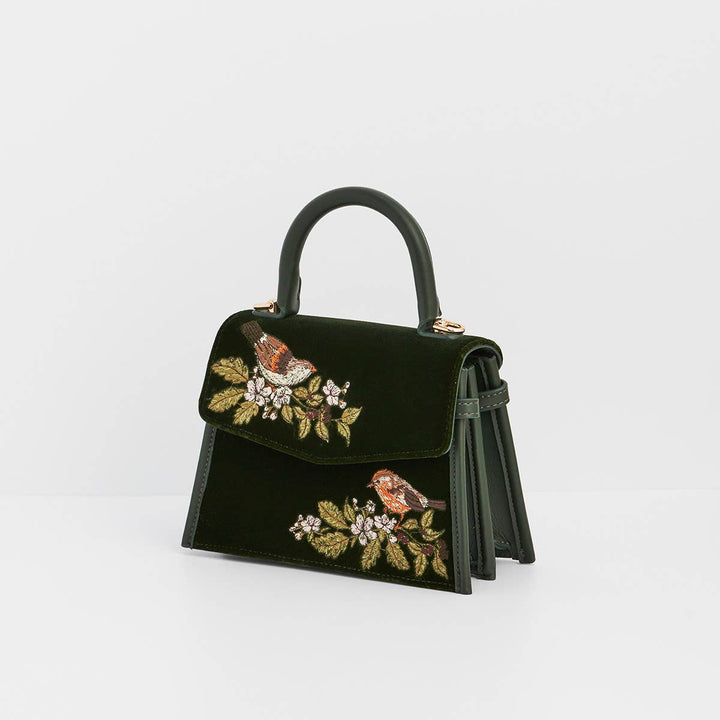 Eliza Wren Embroidered Top Handle Bag in Green Velvet