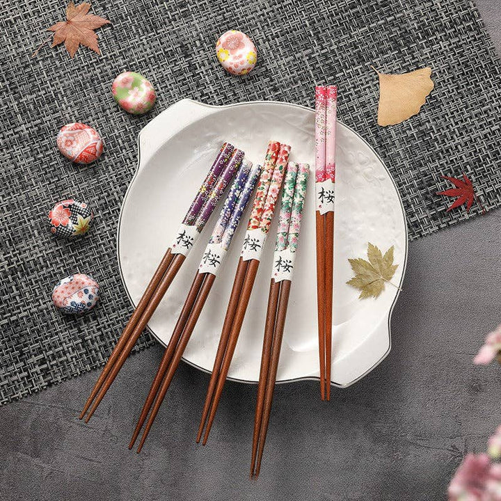 Set of 5 Pairs of Japanese Cherry Blossom Wooden Chopsticks and Rests