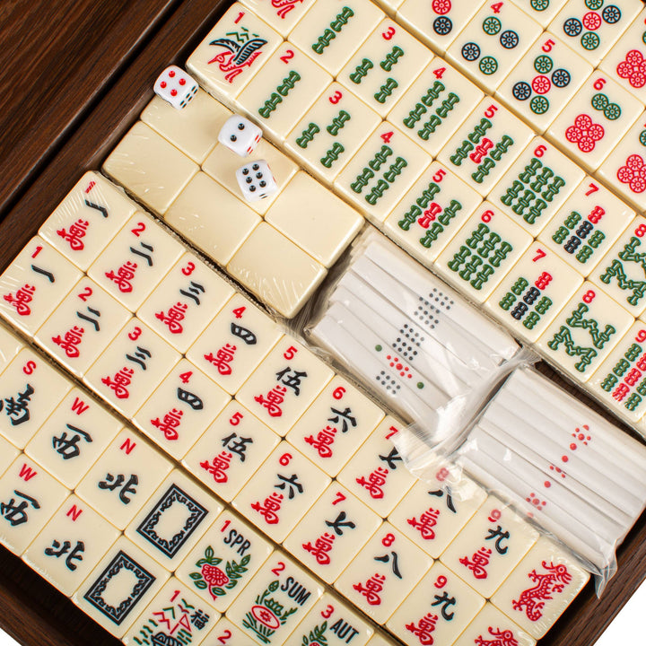 Premium Mahjong Tiles Set in Knitted Leather Wooden Case