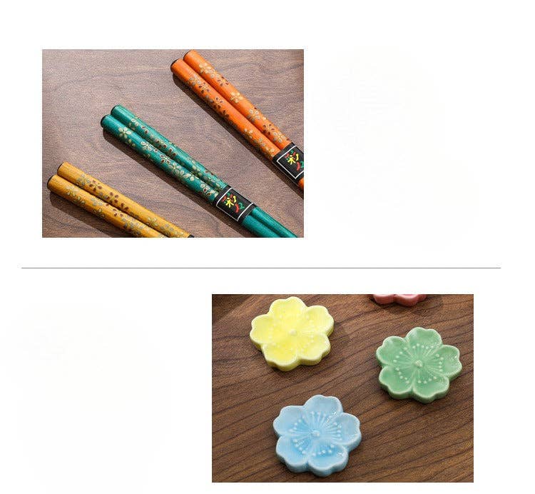Set of 5 Pairs of Japanese Golden Flowers Wooden Chopsticks and Rests