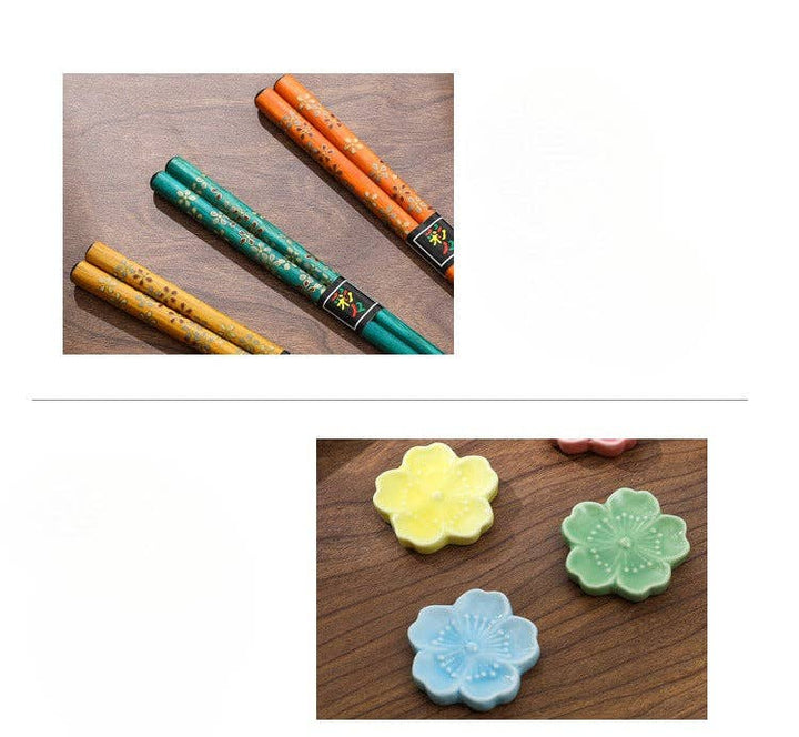 Set of 5 Pairs of Japanese Golden Flowers Wooden Chopsticks and Rests