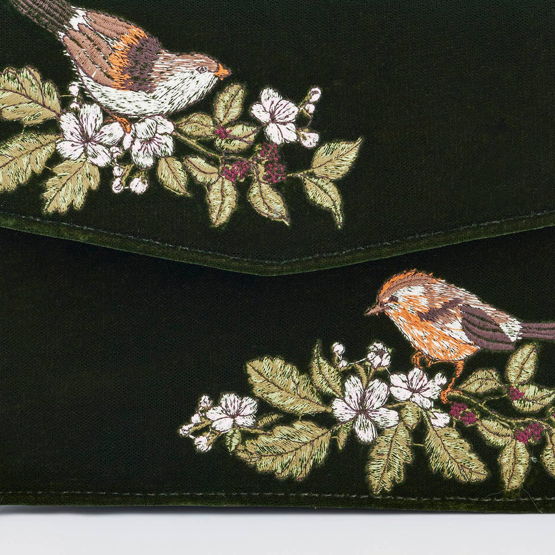 Eliza Wren Embroidered Top Handle Bag in Green Velvet