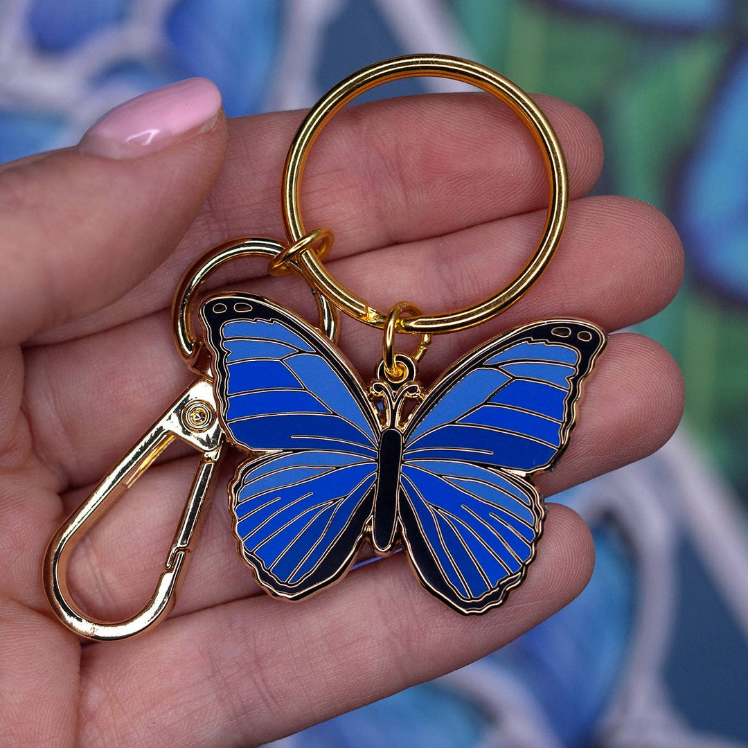 Blue Morpho Butterfly Enamel Keychain with Key Clip