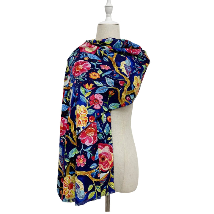 Enchanting Bird & Floral Print Wool Frayed Scarf