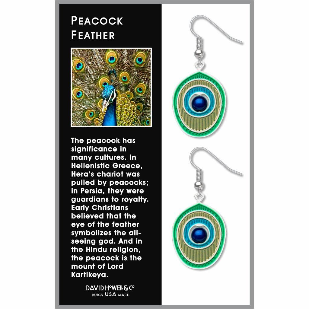 Peacock Feather Earrings with Blue Bead & Turquoise Accent