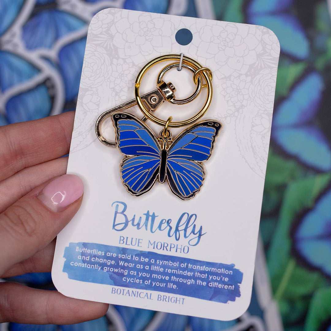 Blue Morpho Butterfly Enamel Keychain with Key Clip