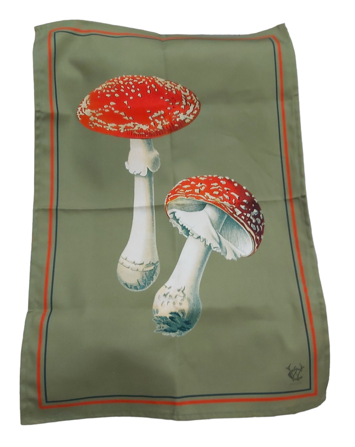 Amanita Muscaria Olive Tea Towel Antique Illustration