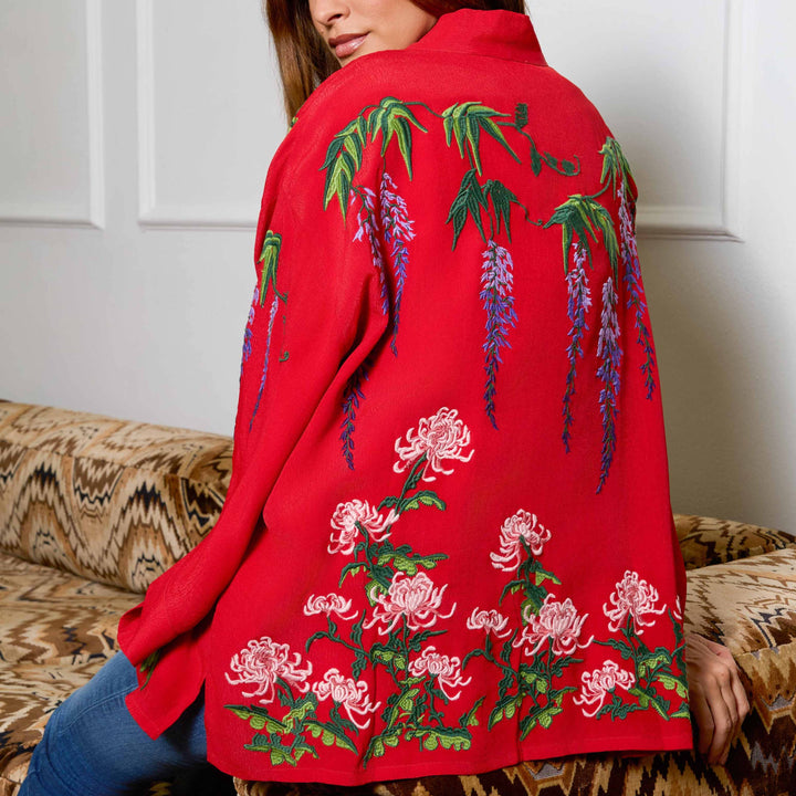 Wisteria & Chrysanthemum Embroidered Red Fully Lined Short Kimono
