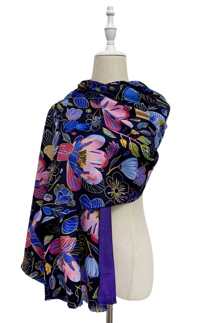 Colourful Orchid Print Wool Frayed Scarf