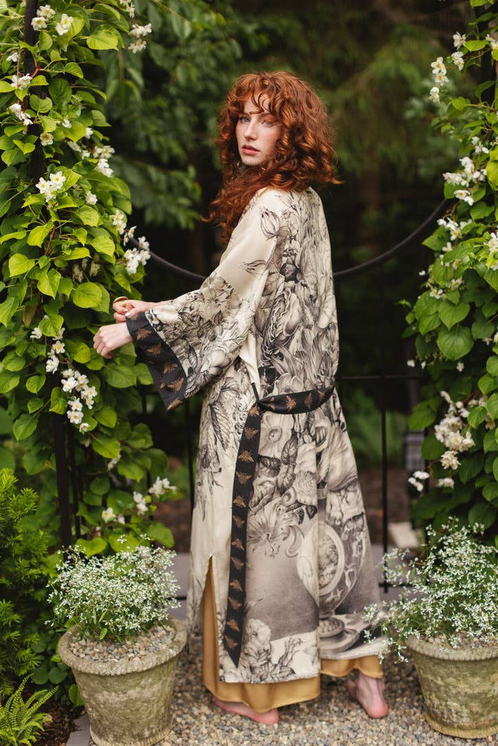 Honey & The Moon Opera Duster Kimono Robe w/ Florals & Bees