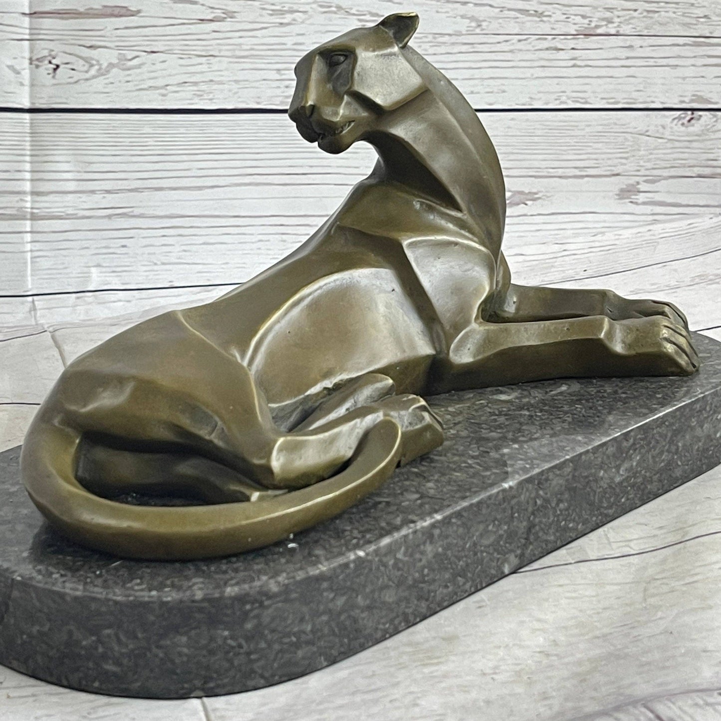 Handcrafted Henry Moore Mountain Lion Bronze Sculpture Marble Base