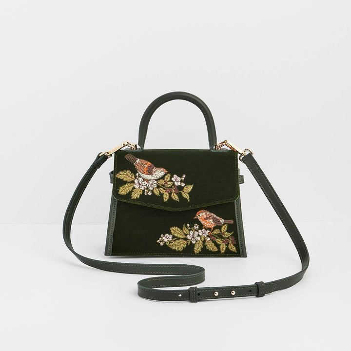 Eliza Wren Embroidered Top Handle Bag in Green Velvet
