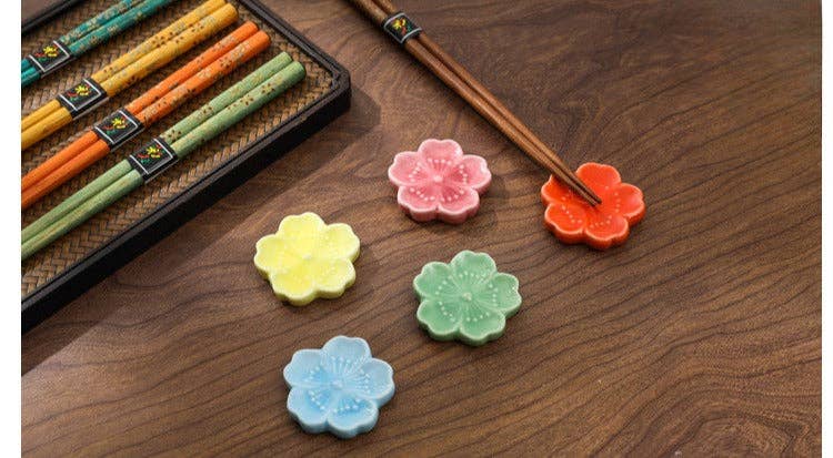 Set of 5 Pairs of Japanese Golden Flowers Wooden Chopsticks and Rests