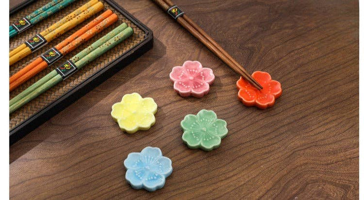 Set of 5 Pairs of Japanese Golden Flowers Wooden Chopsticks and Rests