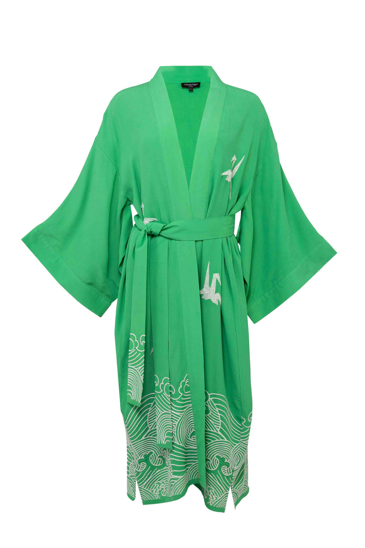 Origami and Hokusai Wave Embroidered Fully Lined Island Green Long Kimono