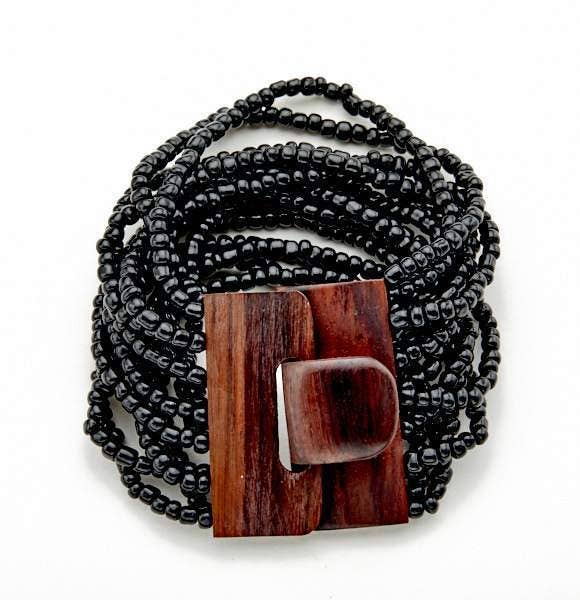 Bracelet multi-rangs noir avec fermoir en bois
