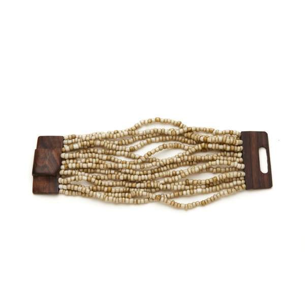 Multi-Strand Bracelet With Wooden Clasp-Cream