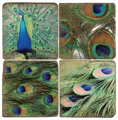 Peacock Feathers - Tumbled Marble Coasters Set/4
