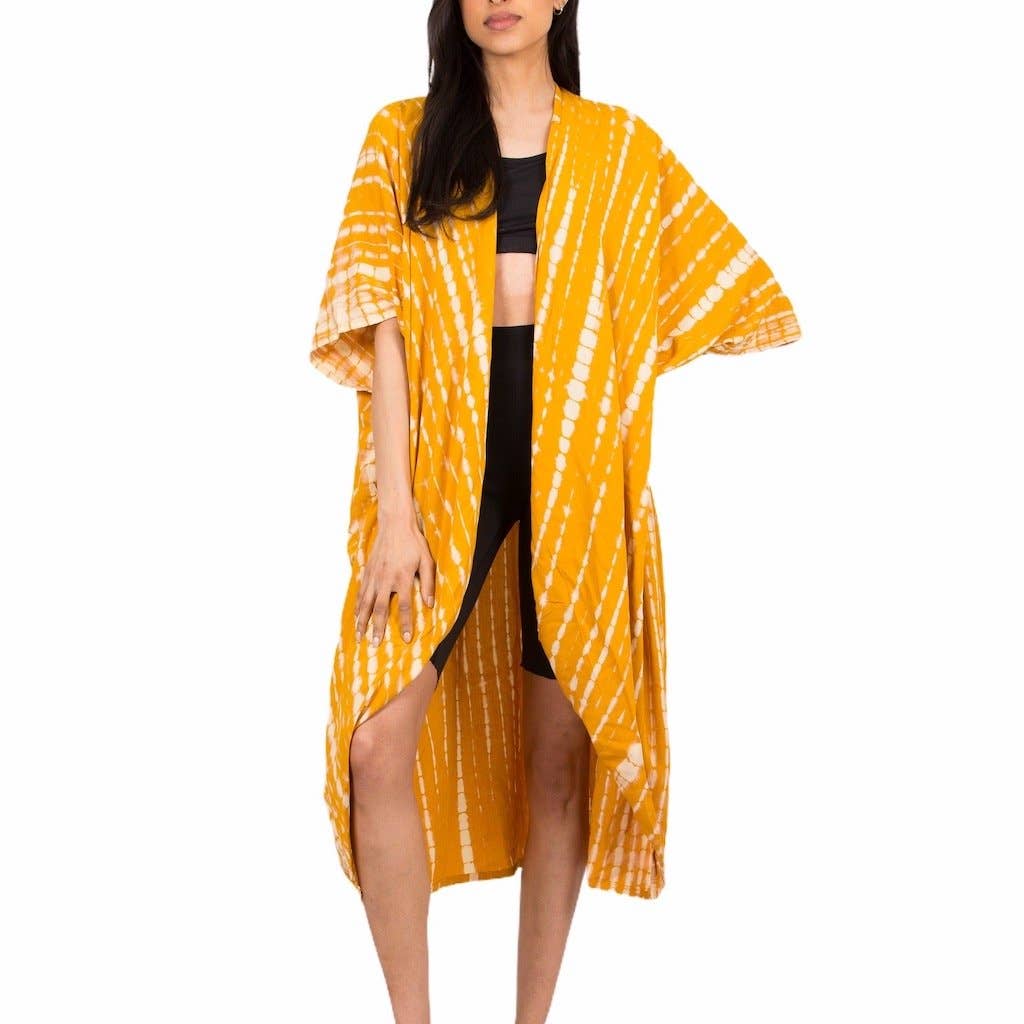 Kimono long tie-dye jaune et blanc
