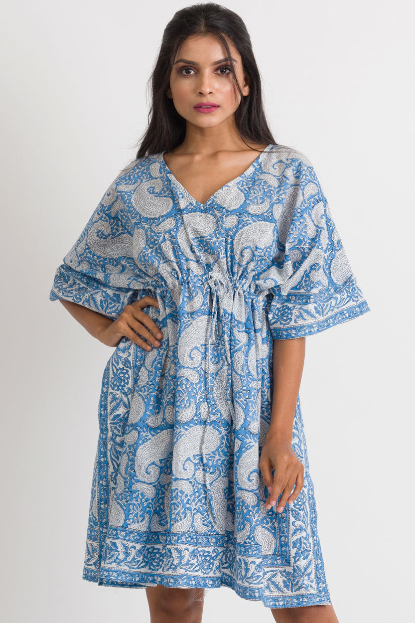 Cotton Caftan-Blue & White Paisley