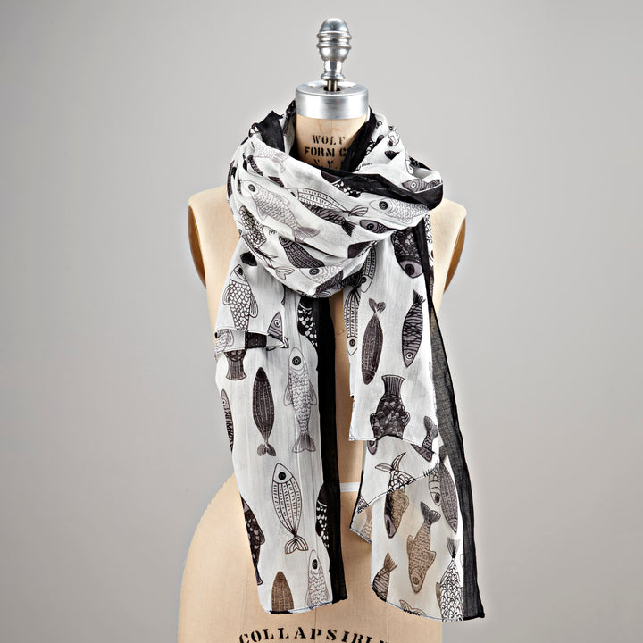 Lavani Scarf/Sarong, Cotton-White & Black Fish