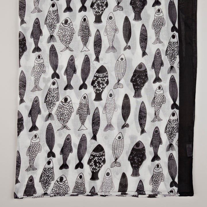 Lavani Scarf/Sarong, Cotton-White & Black Fish