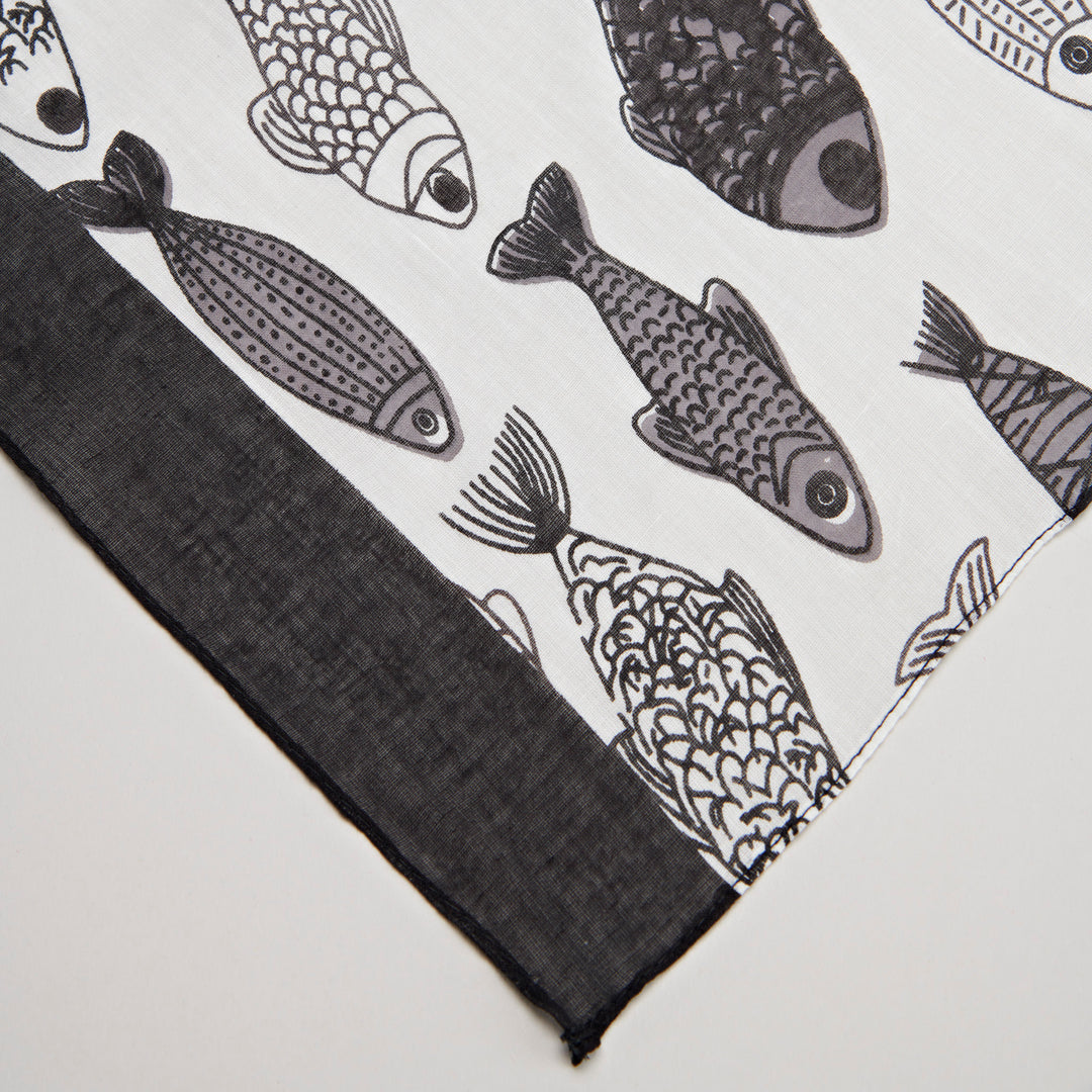 Lavani Scarf/Sarong, Cotton-White & Black Fish