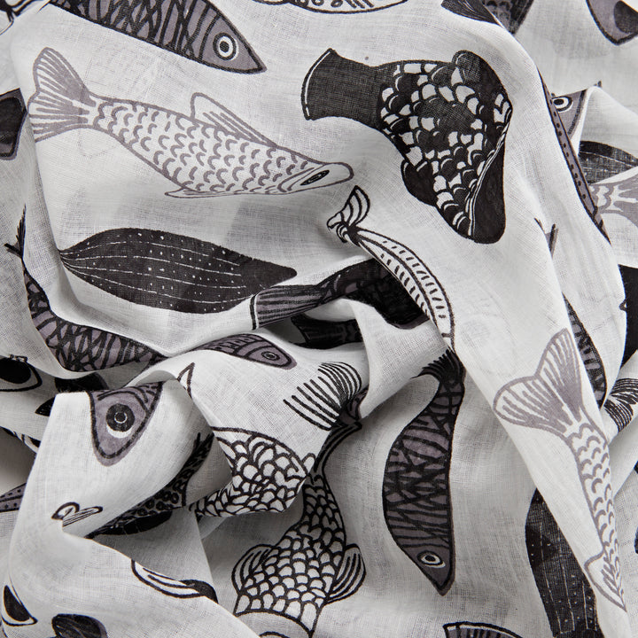 Lavani Scarf/Sarong, Cotton-White & Black Fish