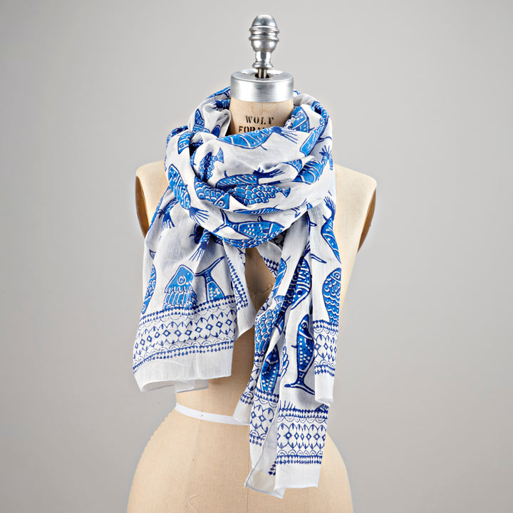 Lavani Scarf/Sarong, Cotton-White & Blue Fish