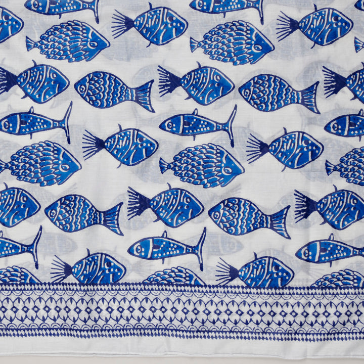 Lavani Scarf/Sarong, Cotton-White & Blue Fish