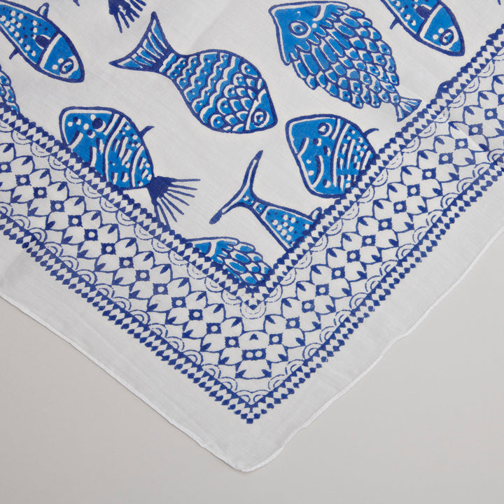 Lavani Scarf/Sarong, Cotton-White & Blue Fish