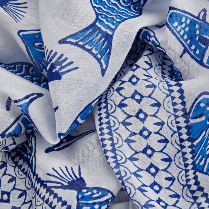 Lavani Scarf/Sarong, Cotton-White & Blue Fish