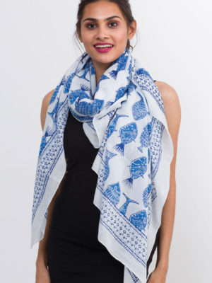 Lavani Scarf/Sarong, Cotton-White & Blue Fish