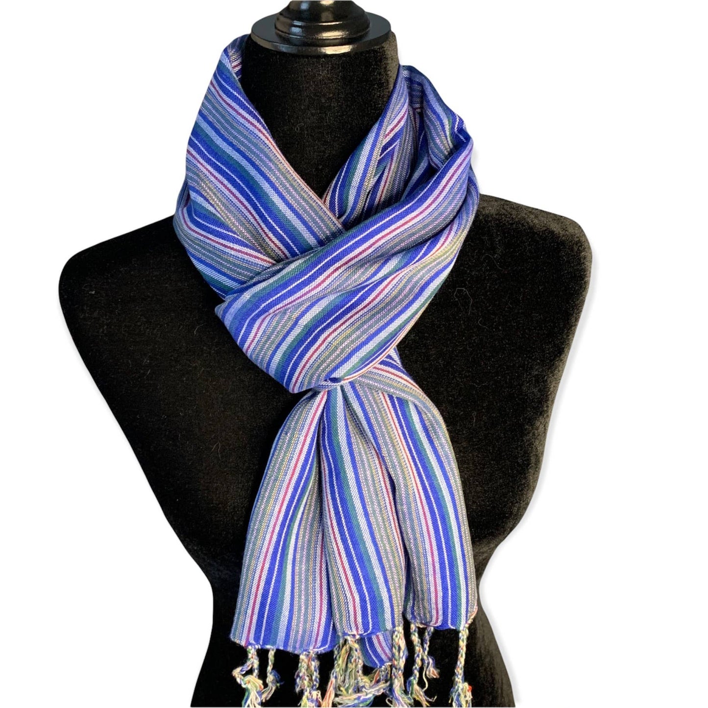 Small Striped Handwoven Scarf - Blue & Burgundy